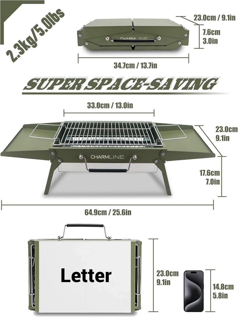 Charmline 14x9 inches Small Portable Charcoal Grill, Christmas Gift for Outdoor Enthusias, Tabletop Charcoal Grills for Camping, Picnics, Gardens and Beach Parties, Green - Image 2